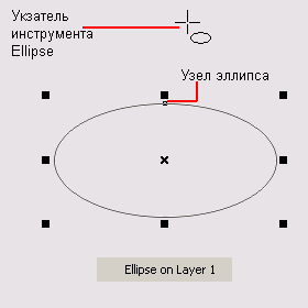 Эллипс, рамка выделения, указатель инструмента Ellipse и сообщение а строке состояния
