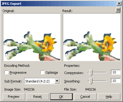 Диалоговое окно фильтра экспорта в формат JPEG с областью предварительного просмотра