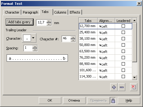 Вкладка Tabs диалогового окна Format Text