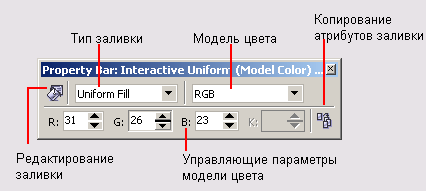 Панель атрибутов в режиме отображения параметров однородной заливки по модели RGB