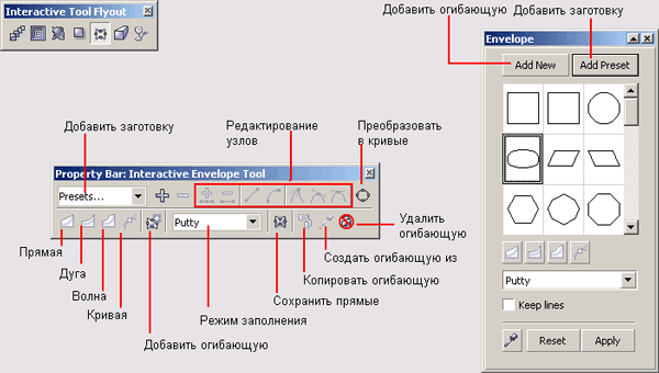 Панель интерактивных инструментов с выбранным инструментом Interactive Envelope и соответствующие панель атрибутов и пристыковываемое окно